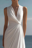 White Chiffon Sheath V-Neck Ruched Maxi Rehearsal Dinner Dress