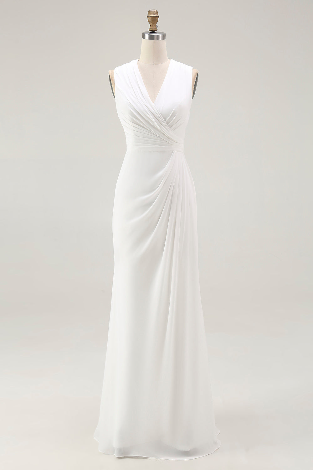 White Chiffon Sheath V-Neck Ruched Maxi Rehearsal Dinner Dress