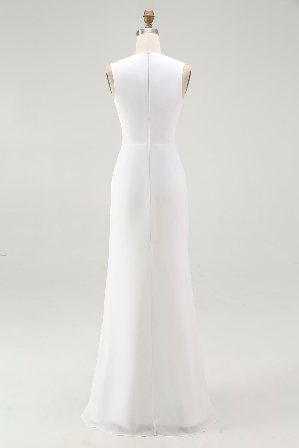 White Chiffon Sheath V-Neck Ruched Maxi Rehearsal Dinner Dress