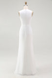 White Chiffon Sheath V-Neck Ruched Maxi Rehearsal Dinner Dress