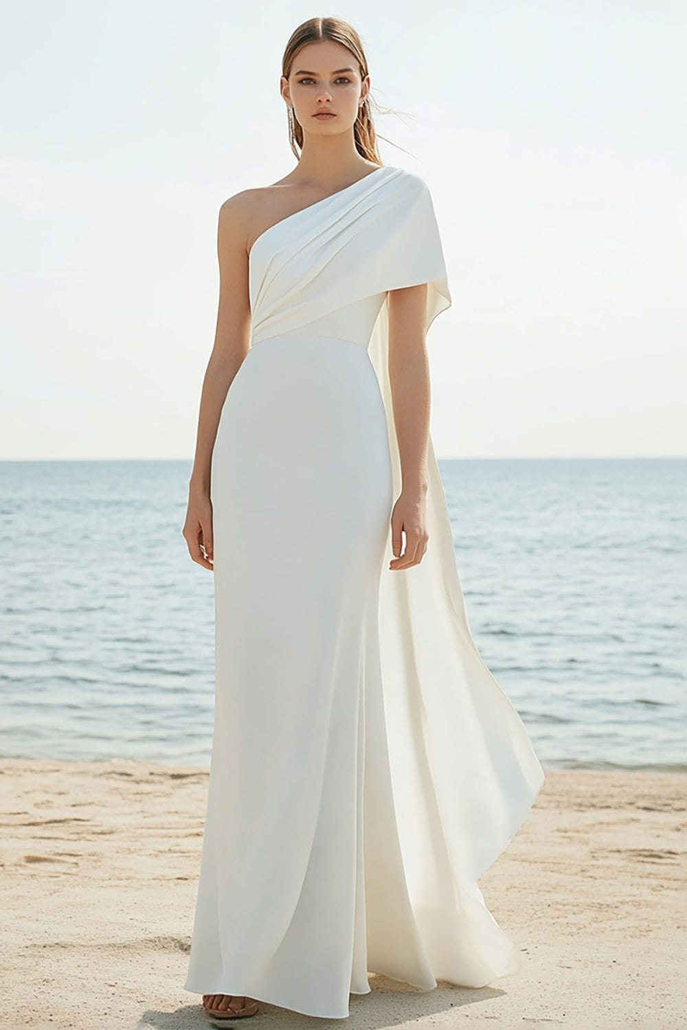 White Chiffon Sheath One Shoulder Maxi Rehearsal Dinner Dress
