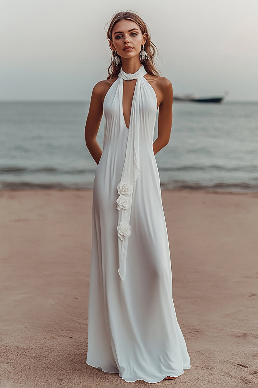 White Chiffon Sheath Keyhole Maxi Rehearsal Dinner Dress