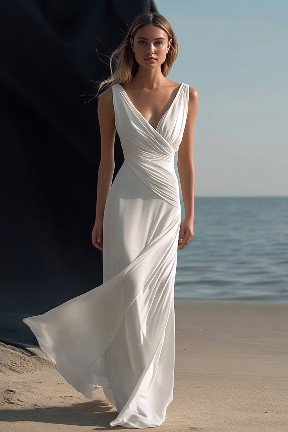 White Sheath V-Neck Chiffon Maxi Rehearsal Dinner Dress