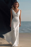 White Sheath V-Neck Chiffon Maxi Rehearsal Dinner Dress