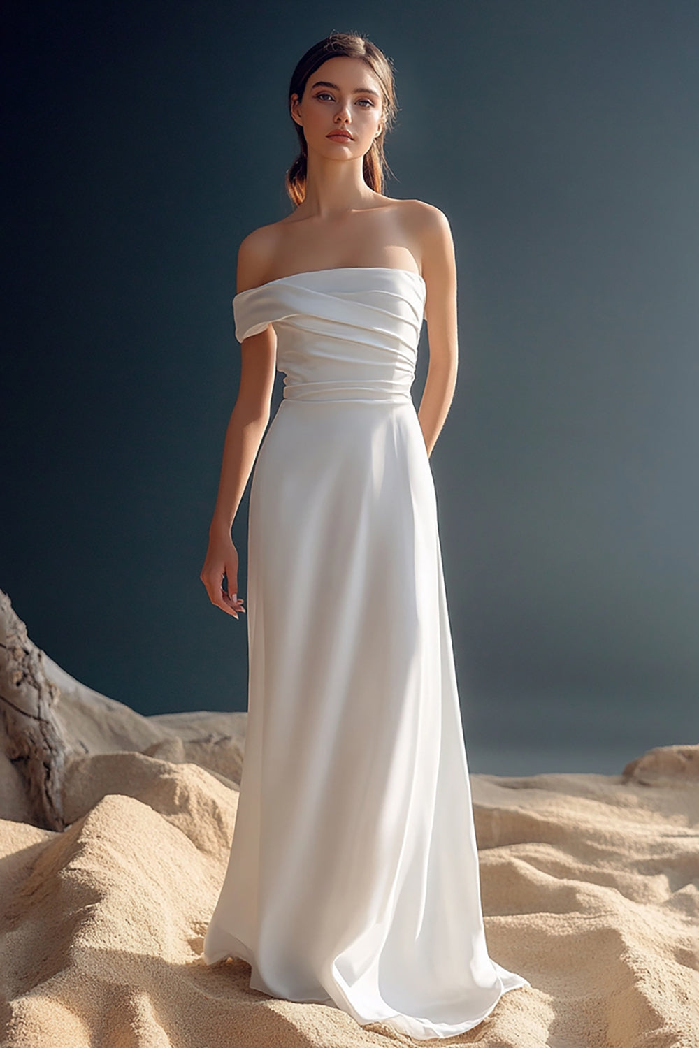 White Satin A Line One Shoulder Ruched Maxi Rehearsal Dinner Dress