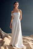 White Satin A Line One Shoulder Ruched Maxi Rehearsal Dinner Dress