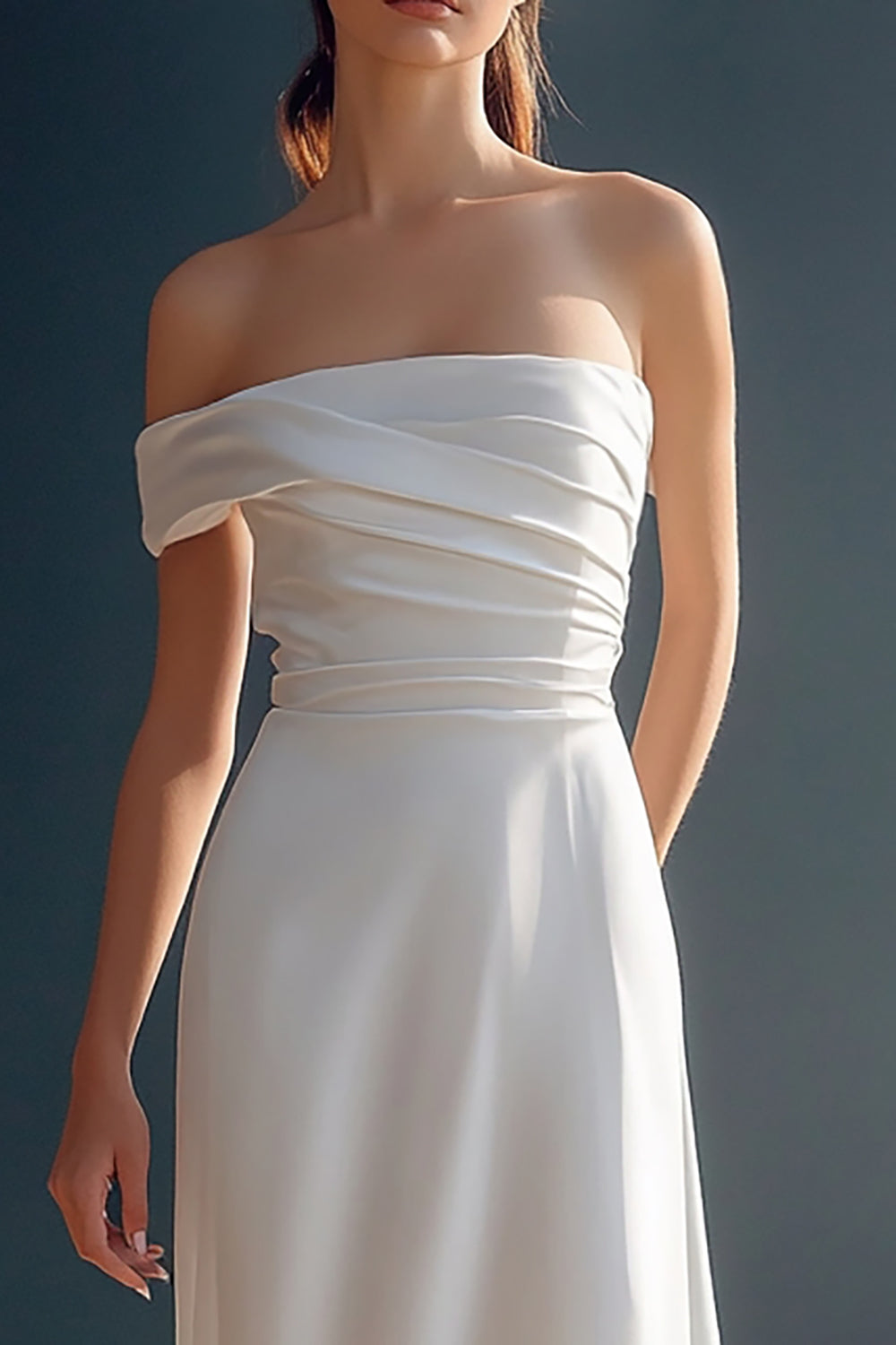 White Satin A Line One Shoulder Ruched Maxi Rehearsal Dinner Dress