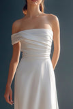 White Satin A Line One Shoulder Ruched Maxi Rehearsal Dinner Dress