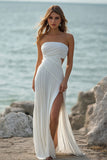 White Chiffon Sheath Ruched Strapless Maxi Rehearsal Dinner Dress with Slit