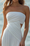 White Chiffon Sheath Ruched Strapless Maxi Rehearsal Dinner Dress with Slit
