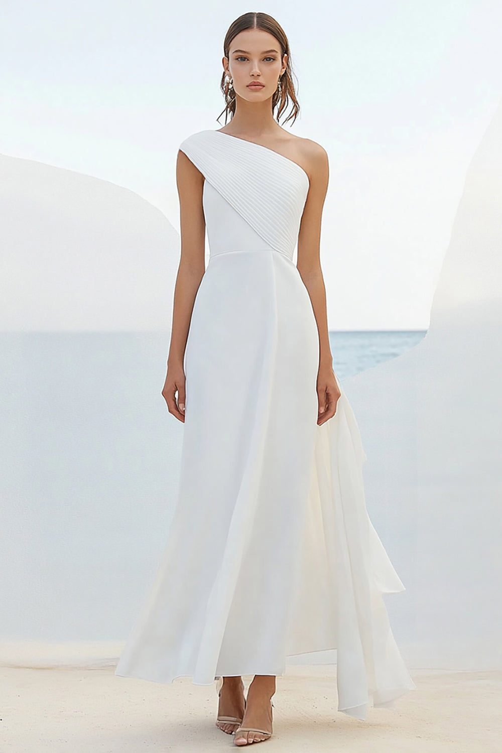 White Chiffon One Shoulder Maxi Rehearsal Dinner Dress with Ruffles