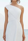 White Chiffon One Shoulder Maxi Rehearsal Dinner Dress with Ruffles