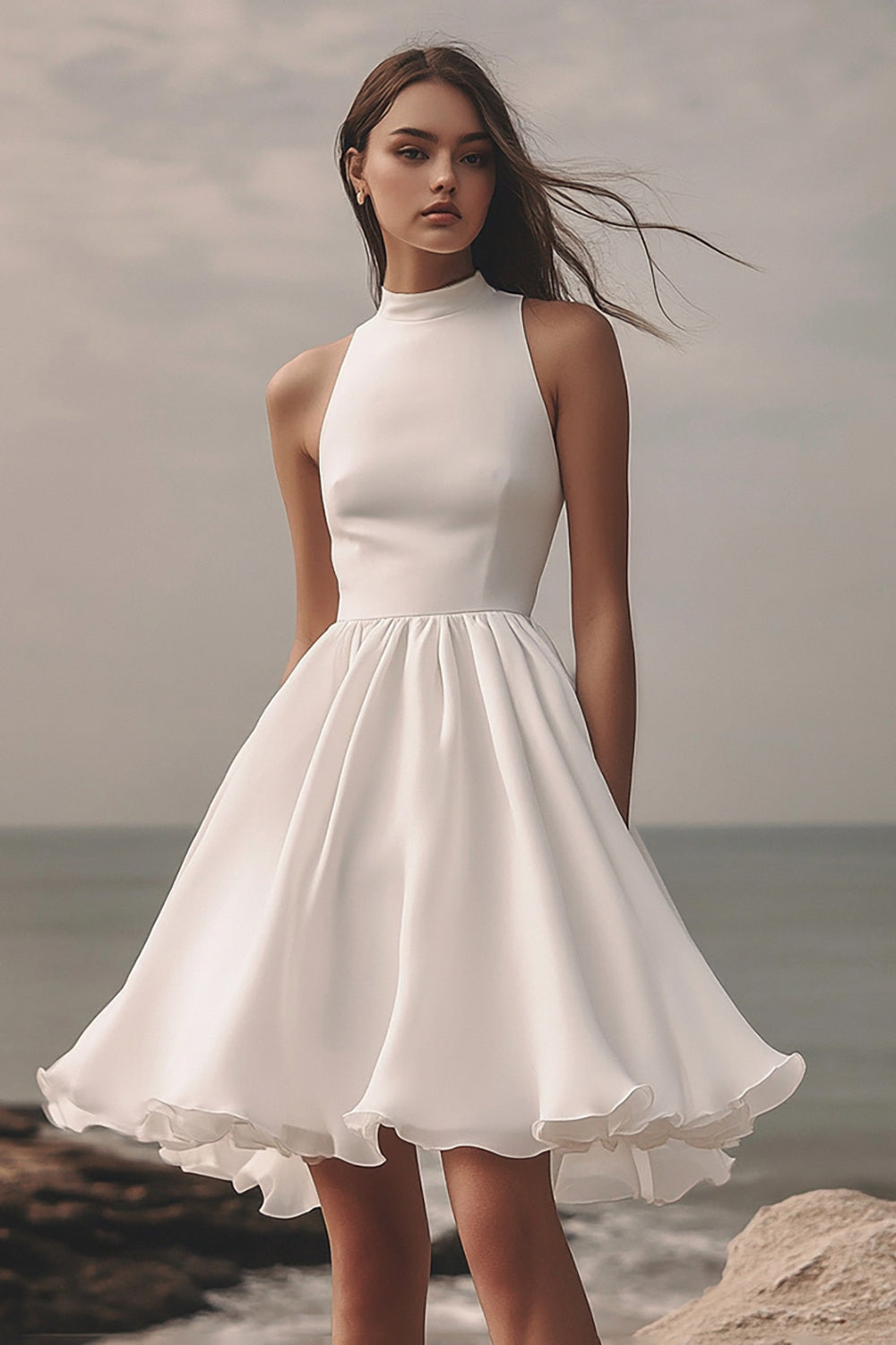 White Chiffon Sleeveless A Line Midi Graduation Dress
