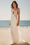 White A Line Deep V-Neck Maxi Engagement Dress with Lace