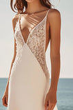 White A Line Deep V-Neck Maxi Engagement Dress with Lace