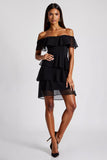 Tiered Chiffon Off the Shoulder A Line Little Black Dress