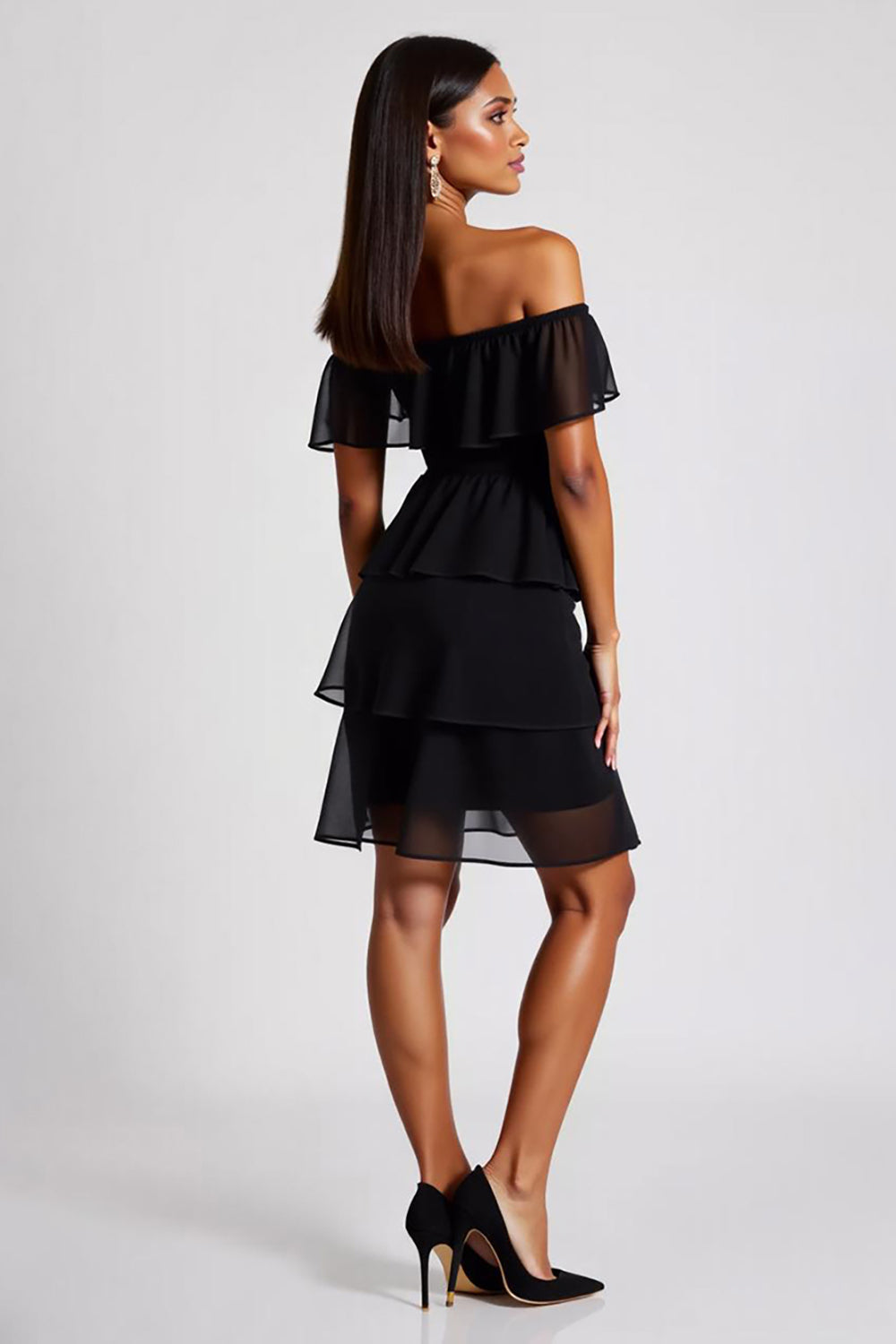 Tiered Chiffon Off the Shoulder A Line Little Black Dress