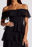 Tiered Chiffon Off the Shoulder A Line Little Black Dress