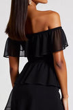 Tiered Chiffon Off the Shoulder A Line Little Black Dress