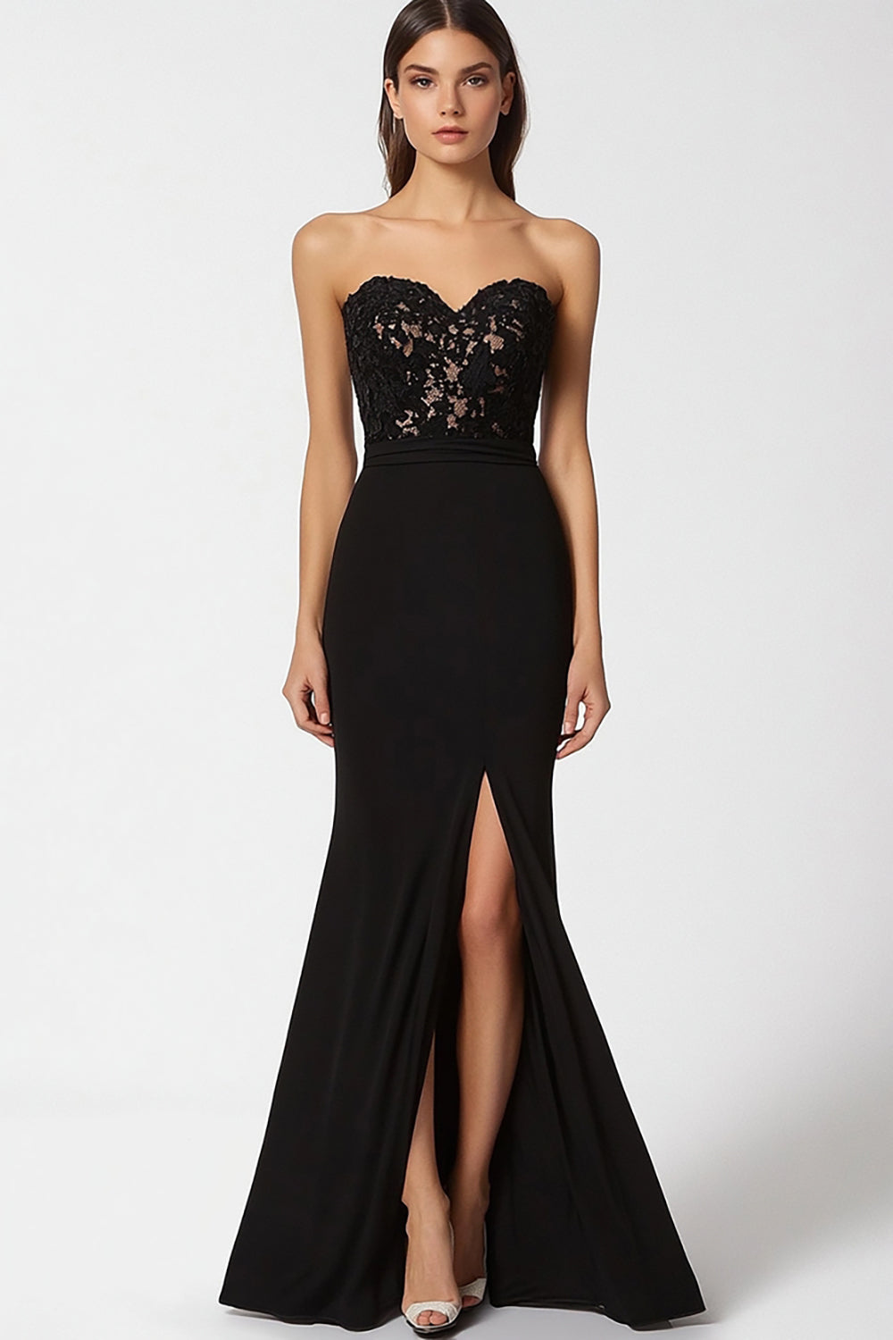 Sweetheart Mermaid Appliqued Long Black Tie Dress with Slit