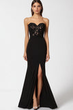 Sweetheart Mermaid Appliqued Long Black Tie Dress with Slit