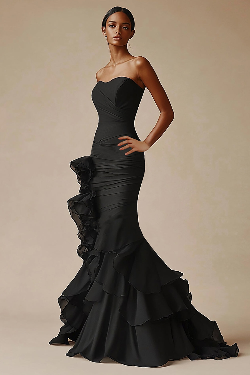Leely Women Elegant Mermaid Tiered Long Black Tie Dress Drape Sweetheart Ruffled Formal Dress