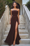 Coffee Sheath Strapless Ruched Long Formal Dress with Slit