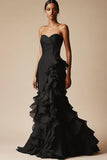 Chic Mermaid Sweetheart Ruffled Long Black Tie Dress