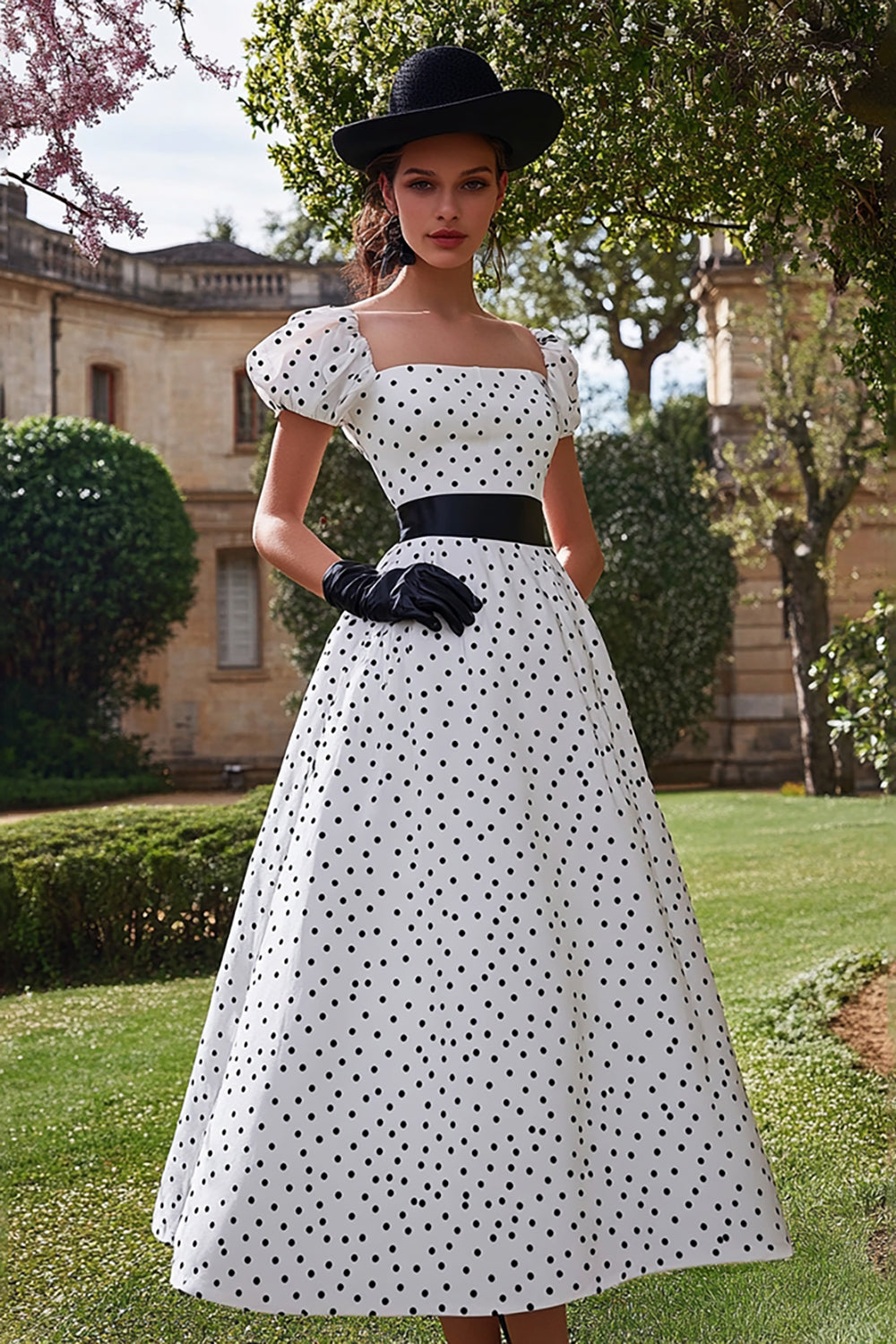 Black White A Line Square Neck Polka Dots Long Formal Dress