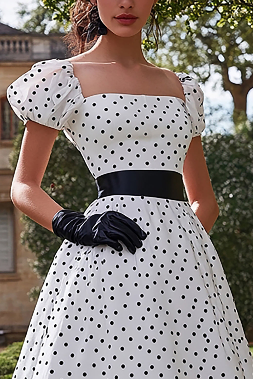 Black White A Line Square Neck Polka Dots Long Formal Dress