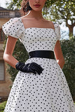 Black White A Line Square Neck Polka Dots Long Formal Dress