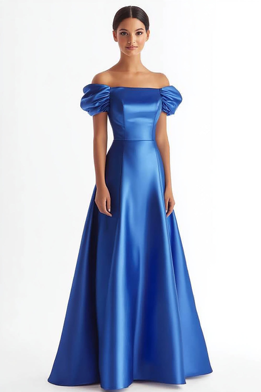 Royal Blue A Line Satin Long Formal Dress with Puff Sleeves