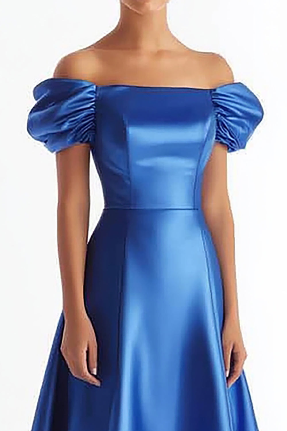 Royal Blue A Line Satin Long Formal Dress with Puff Sleeves