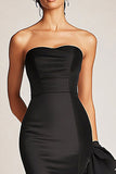 Strapless Satin Mermaid Long Black Tie Dress with Ruffles