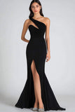 Mermaid One Shoulder Ruched Long Black Tie Dress with Slit