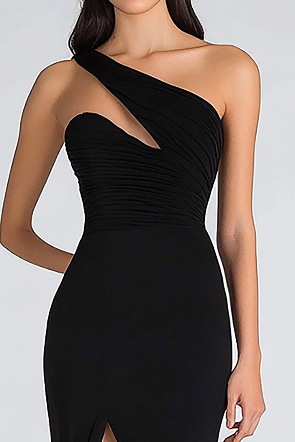 Mermaid One Shoulder Ruched Long Black Tie Dress with Slit
