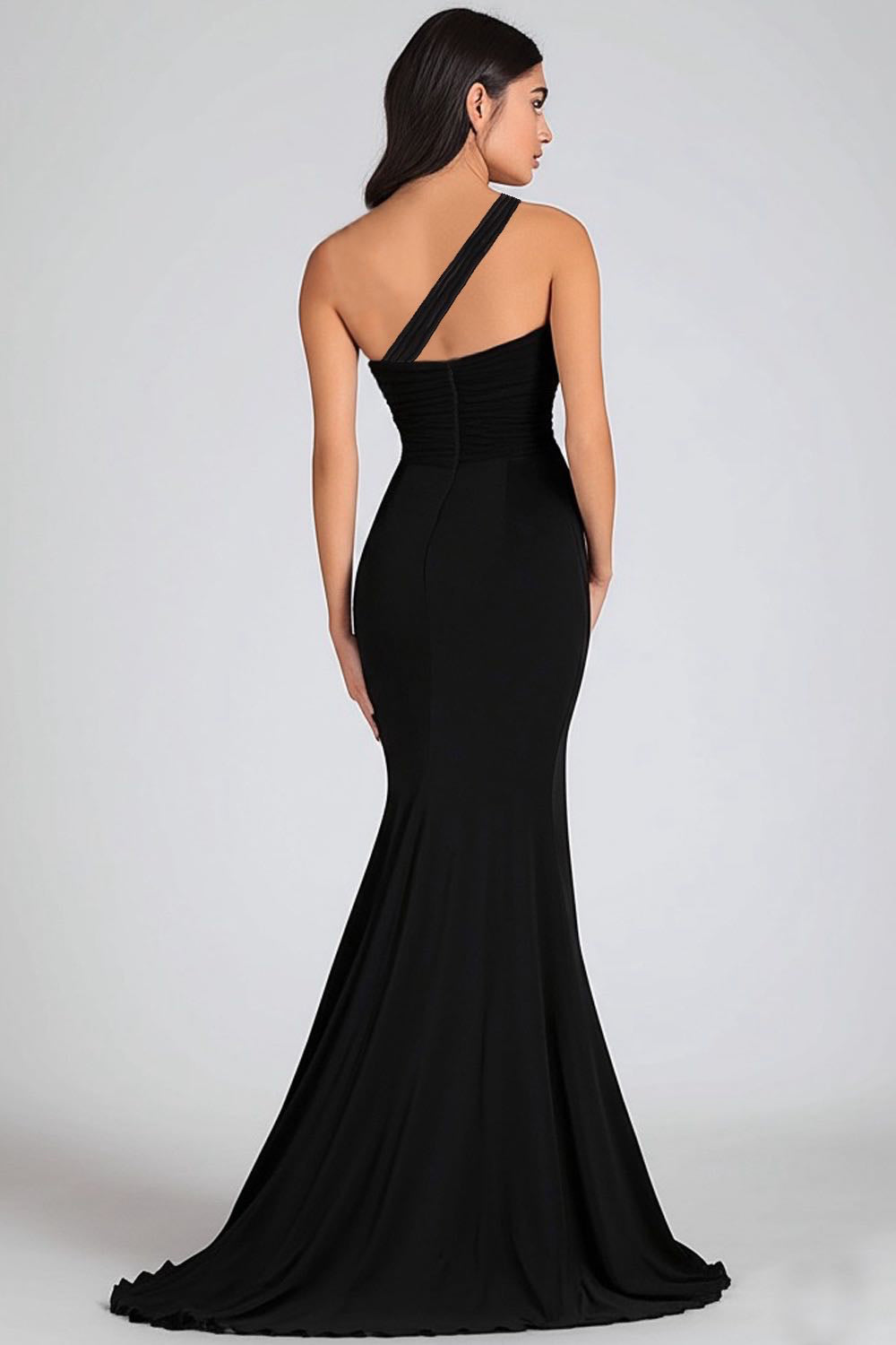 Mermaid One Shoulder Ruched Long Black Tie Dress with Slit