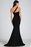 Mermaid One Shoulder Ruched Long Black Tie Dress with Slit