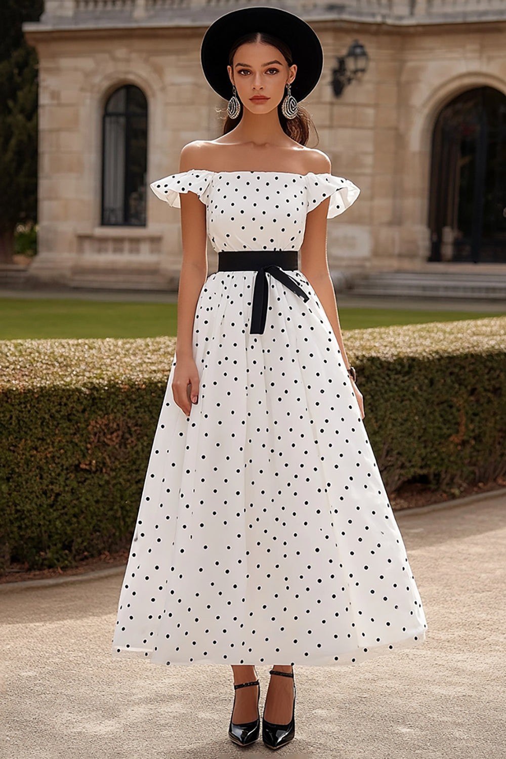 Black White A Line Off the Shoulder Long Formal Dress with Polka Dots