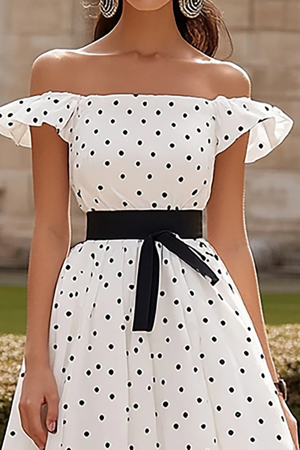 Black White A Line Off the Shoulder Long Formal Dress with Polka Dots