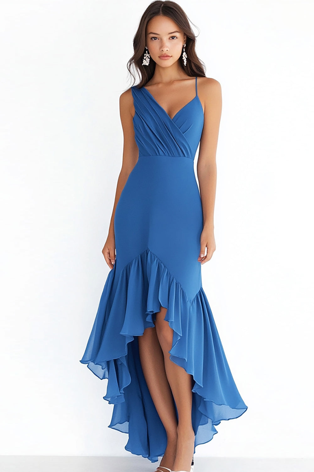 Stylish Blue Chiffon Sheath High Low Ruffled Formal Dress