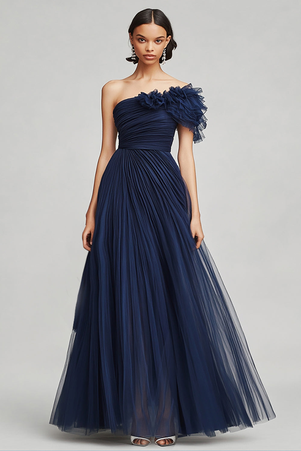 Navy Tulle A Line One Shoulder Pleated Long Formal Dress with Ruffles