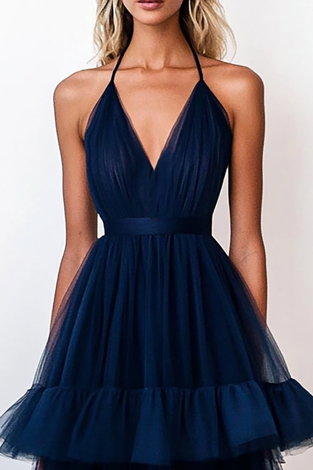 Tiered V-Neck Navy Tulle A Line Long Formal Dress