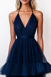 Tiered V-Neck Navy Tulle A Line Long Formal Dress