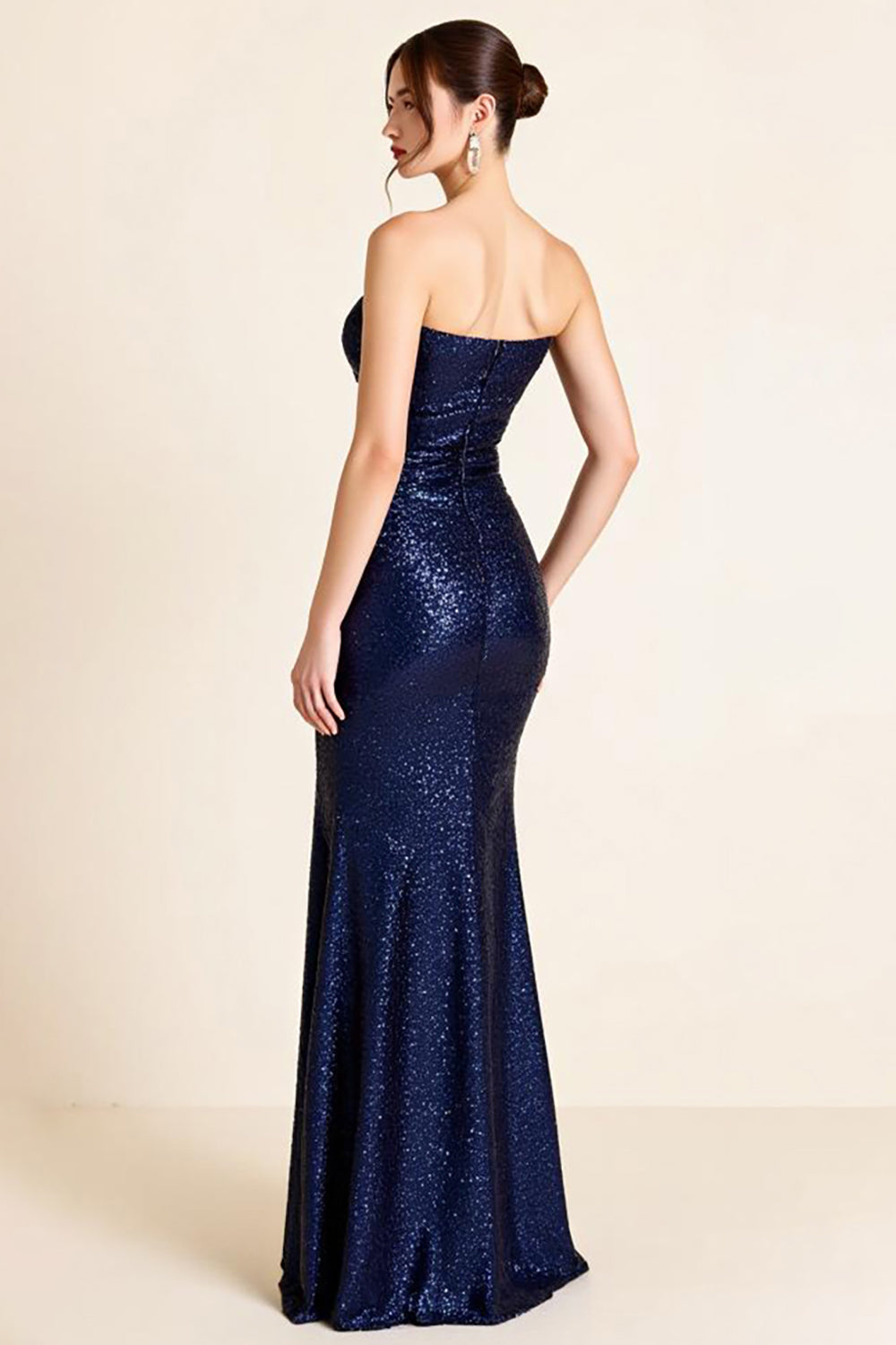 Sparkly Navy Sequined Sheath Strapless Long Formal Dress with Slit