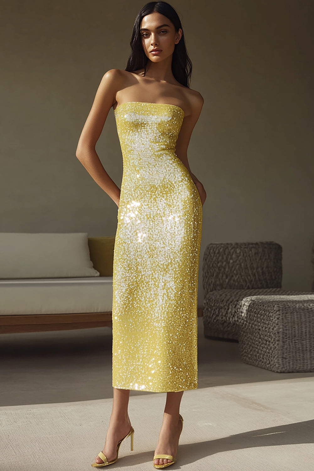 Sparkly Yellow Sequined Sheath Strapless Long Formal Dress