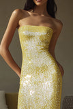 Sparkly Yellow Sequined Sheath Strapless Long Formal Dress