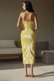 Sparkly Yellow Sequined Sheath Strapless Long Formal Dress