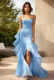 Sweetheart Ruched Sky Blue Sheath Ruffled Long Formal Dress with Slit