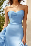 Sweetheart Ruched Sky Blue Sheath Ruffled Long Formal Dress with Slit
